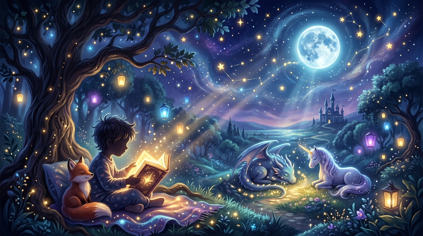 A magical nighttime scene with a child on an adventure through an enchanted forest